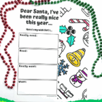 Festive Santa wish list for kids with fill-in-the-blank sections and Christmas doodles, surrounded by red and green beads.