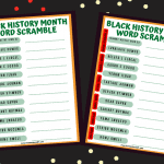 Two Black History Month word scramble worksheets showing easy and hard versions with scrambled names of influential African Americans and space to write answers