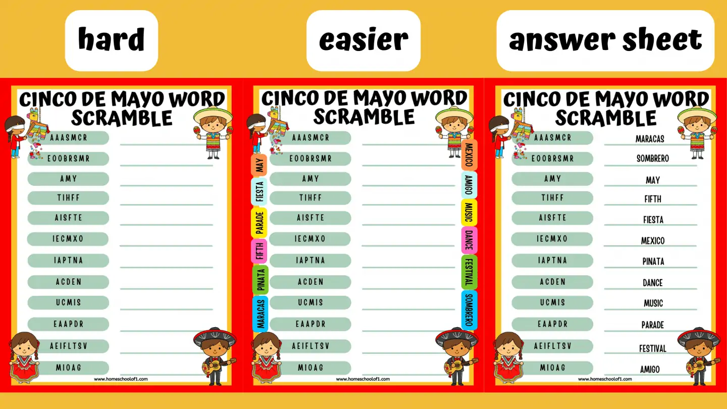 CINCO DE MAYO WORD SCRAMBLE ANSWERS