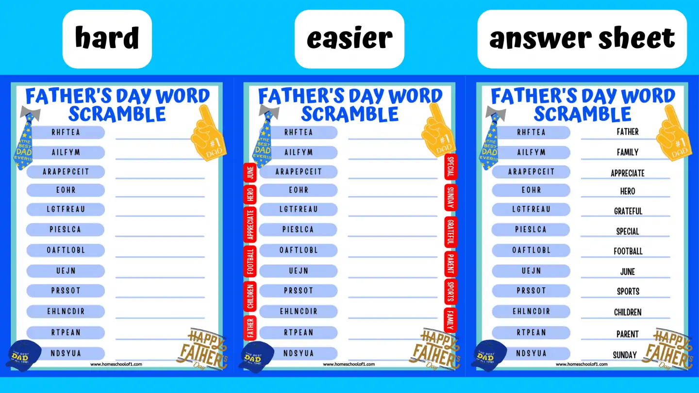 FATHER'S DAY WORD SCRAMBLE ANSWERS