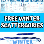 Set of Winter Scattergories printable boards titled FIRE, COLD, and WIND with sample answers in red pen, arranged with a blue hourglass timer, beads, and pen on white background.