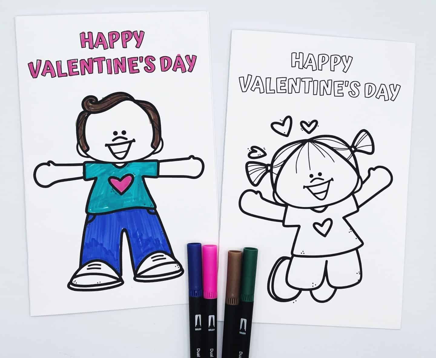 Two Valentine’s Day coloring cards featuring cheerful cartoon children. The left card is colored and shows a smiling boy with open arms, wearing a teal shirt with a pink heart and blue pants, under the text “Happy Valentine’s Day.” The right card is uncolored and depicts a joyful girl with pigtails, hearts floating around her head, and a shirt with a heart on it. Four markers are placed below the cards.
