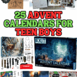 A collage of cool advent calendars for teen boys, including survival gear, fly fishing lures, jerky sticks, puzzles, Star Wars socks, and LEGO sets.
