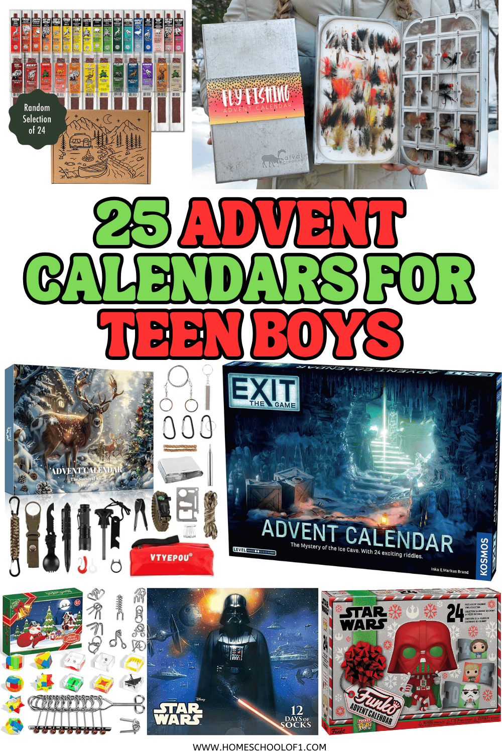 A collage of cool advent calendars for teen boys, including survival gear, fly fishing lures, jerky sticks, puzzles, Star Wars socks, and LEGO sets.

