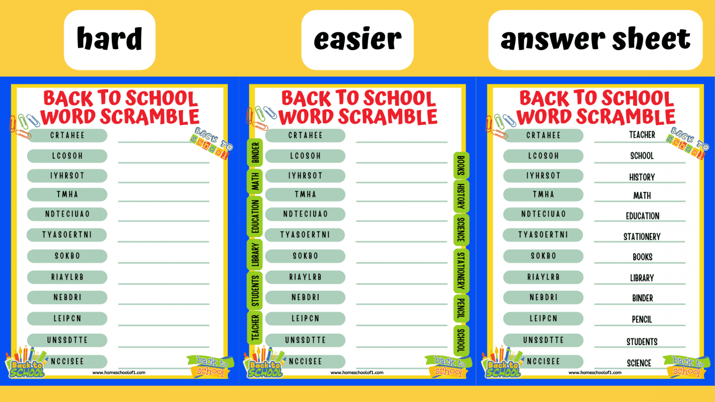 back to school word scramble answers