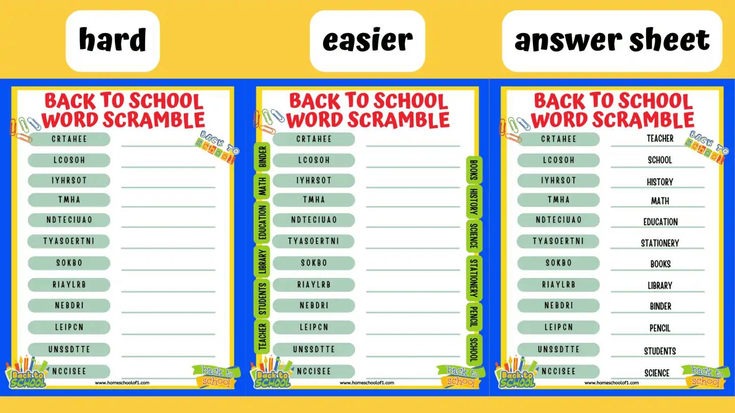 back to school word scramble answers