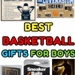 Basketball gift guide collage featuring a Chewbacca basketball tee, custom basketball, personalized scoreboard, and themed decor.