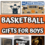 Creative basketball-themed gift ideas for kids including LED wall decor, sneaker balls, mini hoop sign, water bottles, and novelty mug.