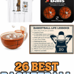 Collage of creative basketball gifts for boys including themed mug, sneaker deodorizers, wall sign, and funny Star Wars t-shirt.