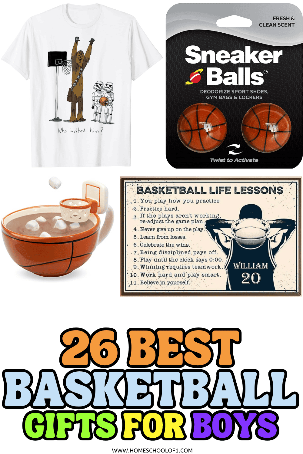 Collage of creative basketball gifts for boys including themed mug, sneaker deodorizers, wall sign, and funny Star Wars t-shirt.