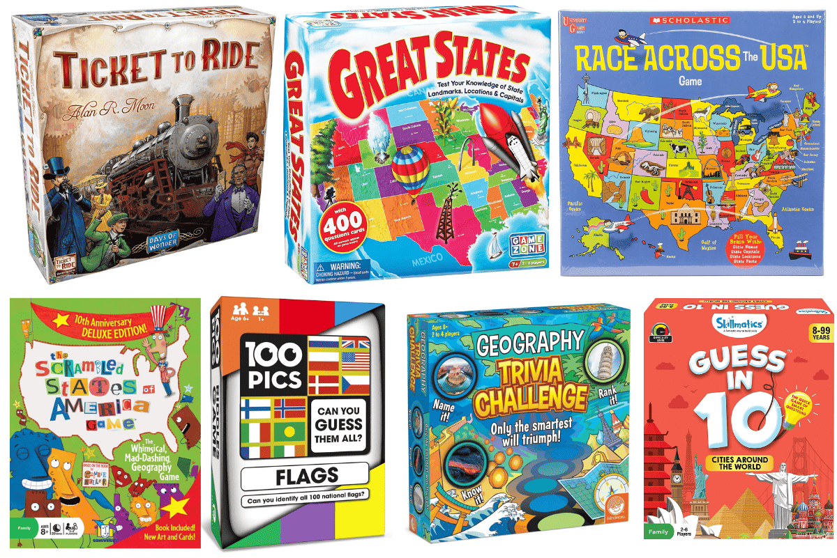 A collage of colorful geography games for kids including “Ticket to Ride,” “Great States,” “Race Across the USA,” “The Scrambled States of America,” “100 PICS Flags,” “Geography Trivia Challenge,” and “Guess in 10: States of America.” Each game box features bright illustrations, U.S. maps, or world flags to engage learners in fun, educational play.