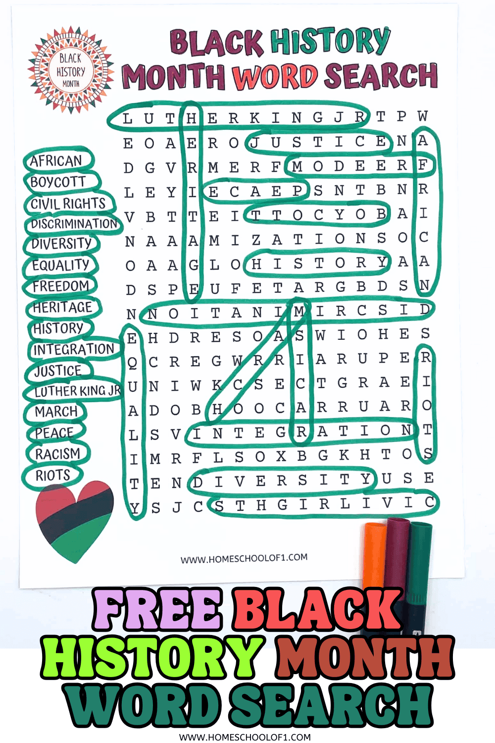 Black History Month word search worksheet with vocabulary words like civil rights, equality, justice, and Martin Luther King Jr, shown completed with highlighted answers.