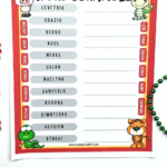 Chinese New Year word scramble worksheet with 12 jumbled vocabulary words, zodiac animals, and space for kids to write answers.