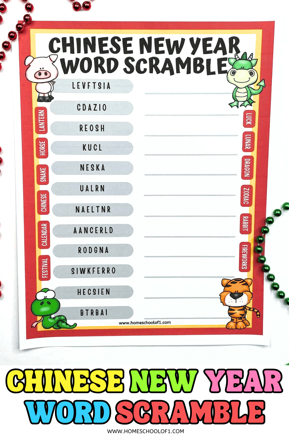 Chinese New Year word scramble worksheet with 12 jumbled vocabulary words, zodiac animals, and space for kids to write answers.
