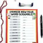 Completed Chinese New Year word scramble showing solved vocabulary words with zodiac-themed illustrations and writing spaces.