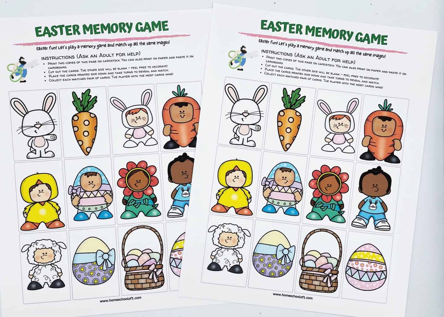 Two printable sheets for an Easter memory game featuring pairs of cute cartoon-style characters and items, including bunnies, carrots, children in Easter costumes, chicks, flowers, a lamb, decorated eggs, and Easter baskets. The top of each page includes simple instructions for printing, cutting, and playing the matching game. Designed for kids, the colorful layout makes it a fun and educational DIY activity from homeschoolof1.com.
