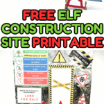 Elf construction door scene with safety signage, printed crane, and elves dressed for holiday fun.