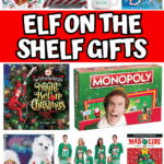Elf on the Shelf gifts collage with board games, Christmas pajamas, books, and themed printables.