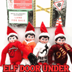 Elf on the Shelf setup with printable construction signs and four elves in themed outfits.