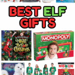 Holiday gift guide featuring Elf on the Shelf themed books, toys, games, pajamas, and plushies for kids.