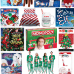 Collage of Elf on the Shelf gift ideas including books, plush toys, pajamas, games, and holiday printables.