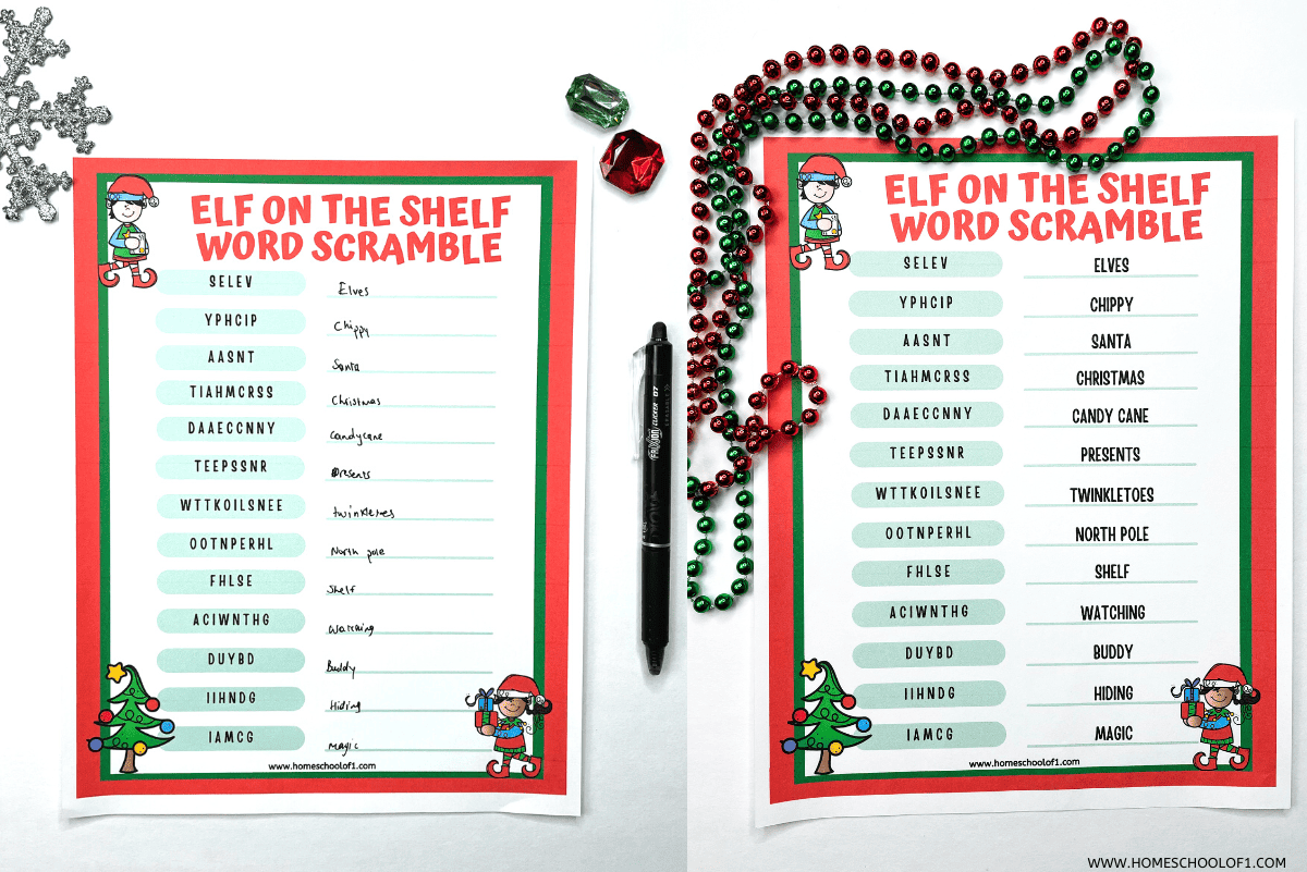 Elf on the Shelf Word Scramble (Easy & Hard Version)