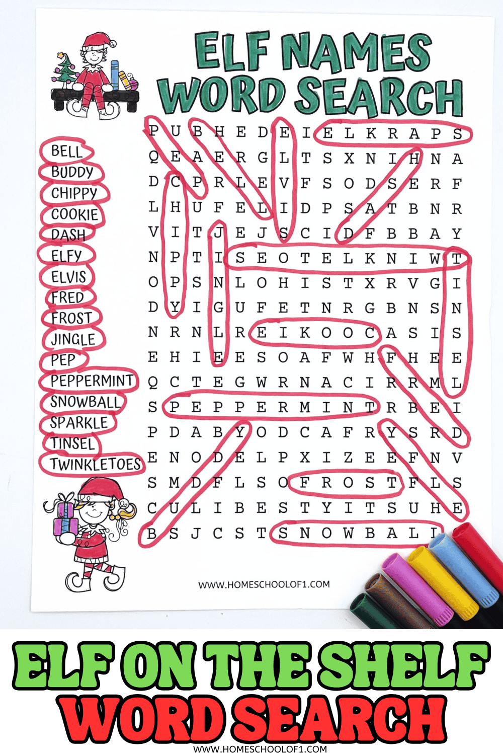 Completed Elf on the Shelf word search printable featuring 16 popular elf names, with red circles highlighting the found words.

