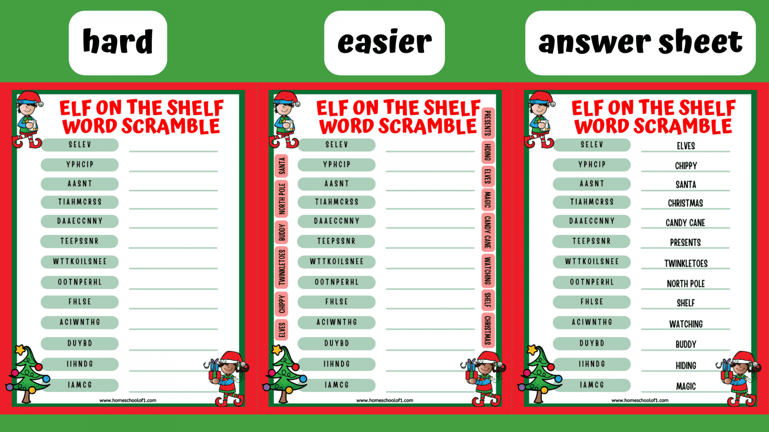 Elf on the Shelf Word Scramble (easy & hard version)