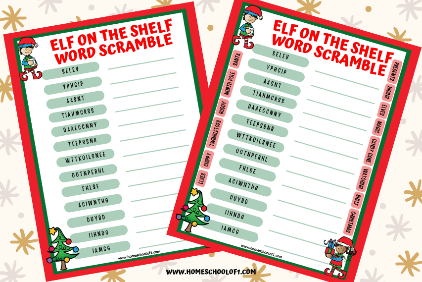 Elf on the Shelf Word Scramble (Easy & Hard Version)