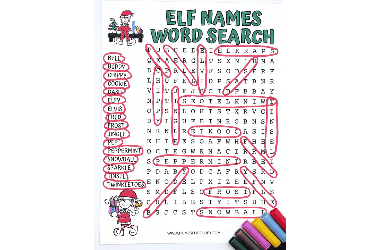 Completed Elf name word search printable featuring 16 popular Elf on the Shelf names, with words circled in red and colorful markers beside the page.