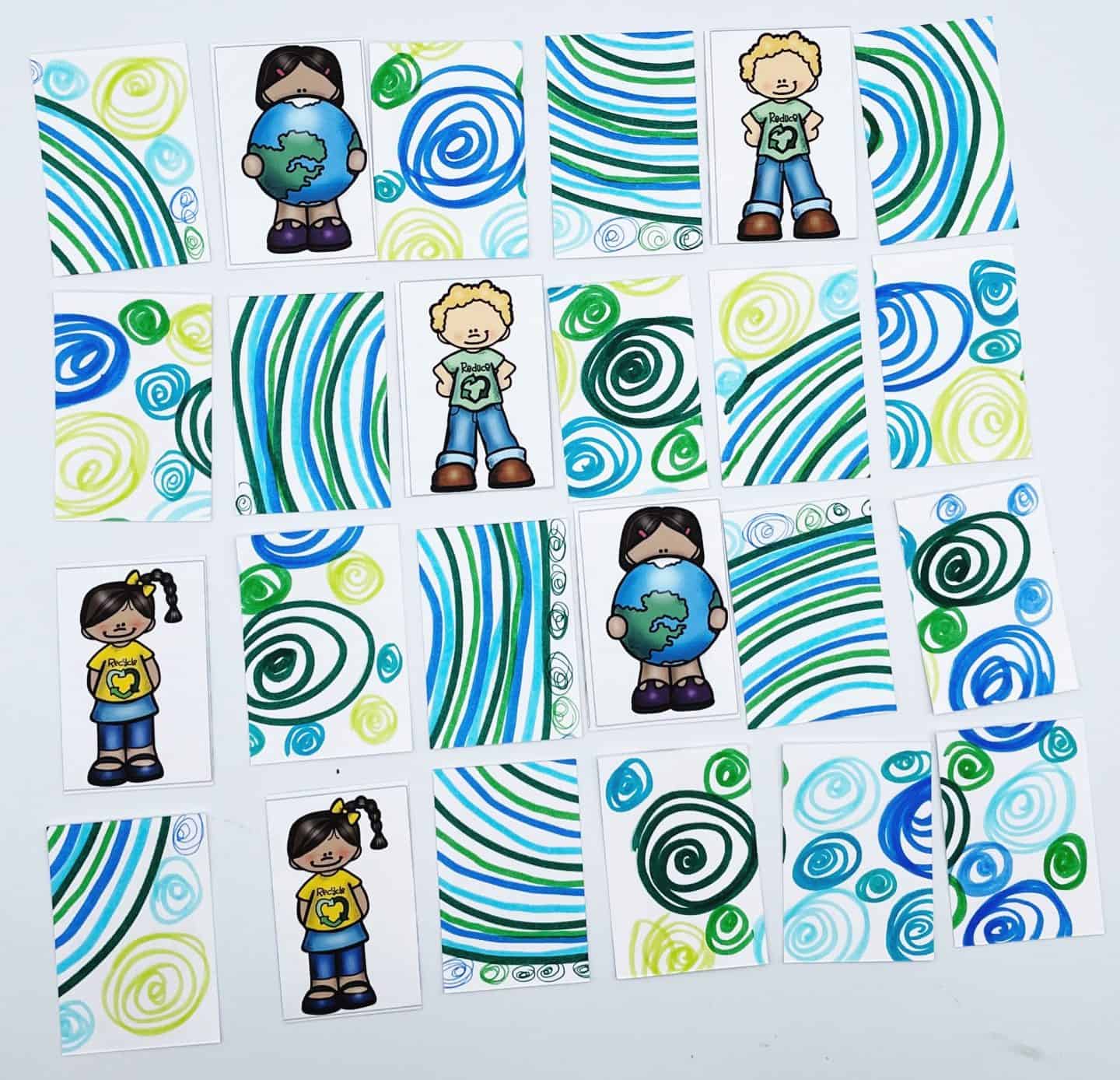 child playing the earth day matching game displayed in a 6 x 4 grid with 3 matching images and the rest not played yet. 