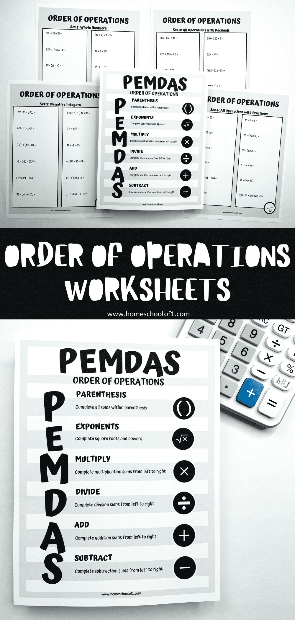 A collection of black-and-white math worksheets labeled "Order of Operations Worksheets" with a central PEMDAS reference sheet. The PEMDAS sheet breaks down the acronym: Parenthesis, Exponents, Multiply, Divide, Add, and Subtract—each paired with a matching symbol. The background includes a calculator and various sets of worksheets for whole numbers, negative integers, decimals, and fractions.