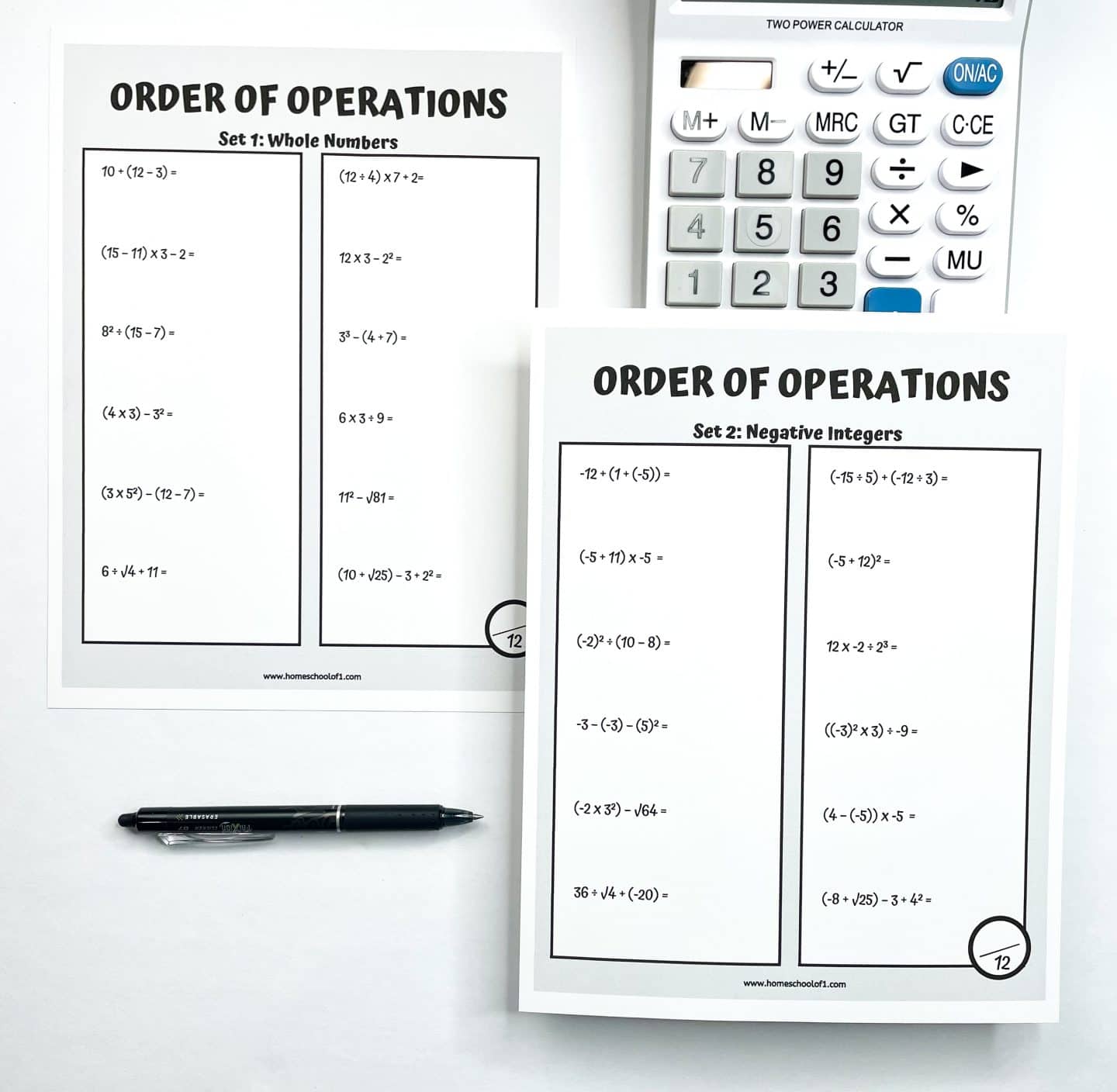 Two printable "Order of Operations" worksheets for students, labeled Set 1: Whole Numbers and Set 2: Negative Integers. Each worksheet contains multiple math expressions involving parentheses, exponents, multiplication, division, addition, and subtraction. A black pen and calculator are placed beside the worksheets on a white background.