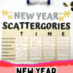 Free printable New Year’s Scattergories game board with the word TIME at the top, shown with an hourglass and festive gems.