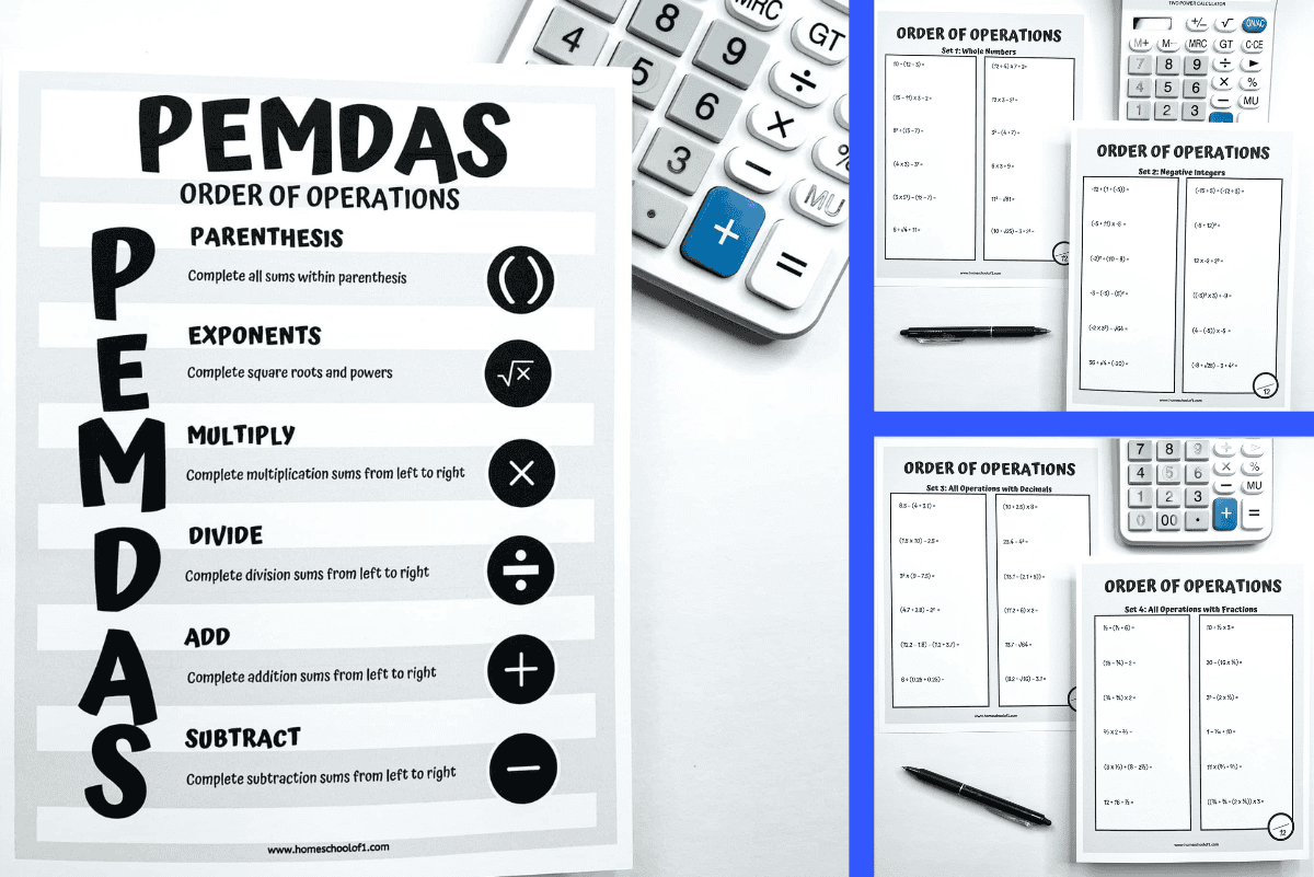 Free order of operations worksheets with PEMDAS chart, including printable practice pages for whole numbers, integers, decimals, and fractions
