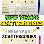 Two New Year’s Scattergories printable game boards labeled WISH and TIME, with colorful pens beside them.