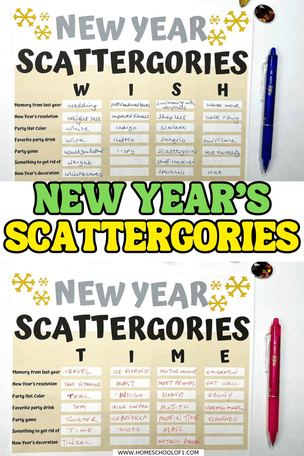 Two New Year’s Scattergories printable game boards labeled WISH and TIME, with colorful pens beside them.