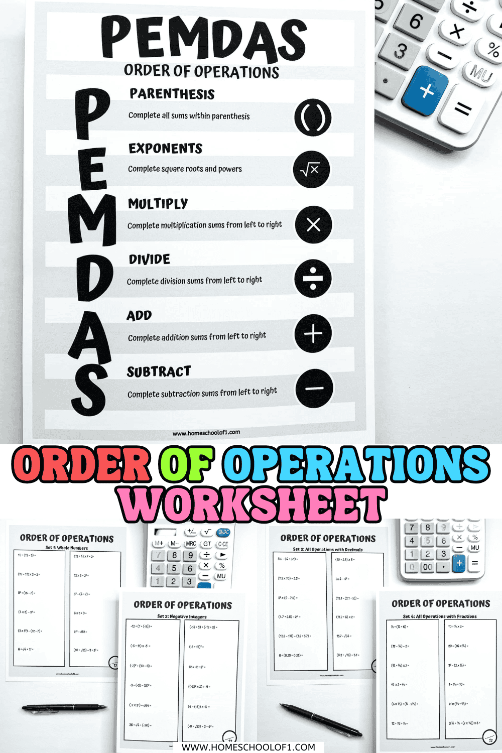 Order of operations worksheet set with whole numbers, integers, decimals, and fractions using PEMDAS