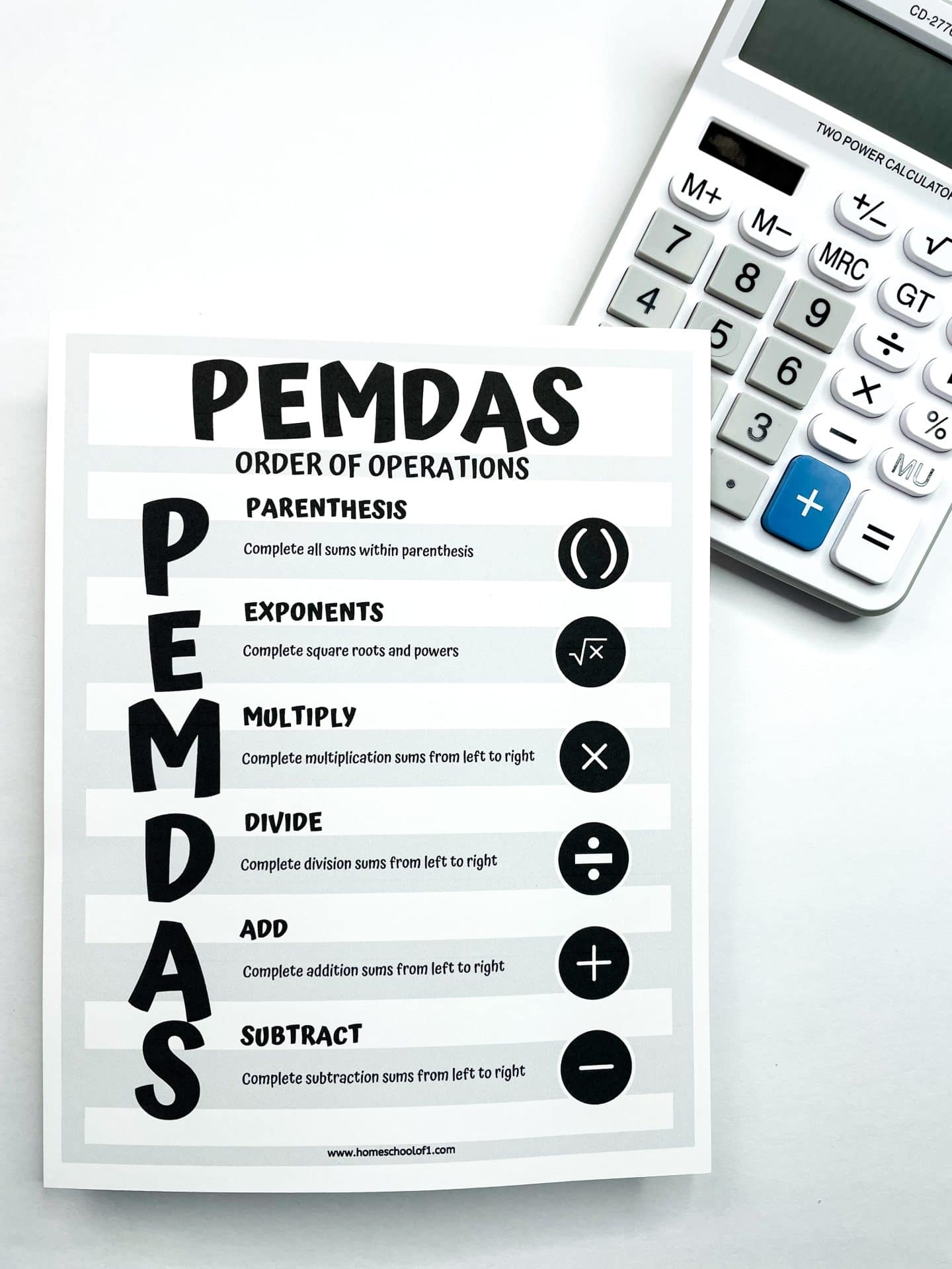 A PEMDAS order of operations reference sheet placed next to a calculator. The chart spells out PEMDAS vertically with each letter representing a math operation: Parenthesis, Exponents, Multiply, Divide, Add, and Subtract. Each term includes a brief explanation and a corresponding math symbol in a black circle.