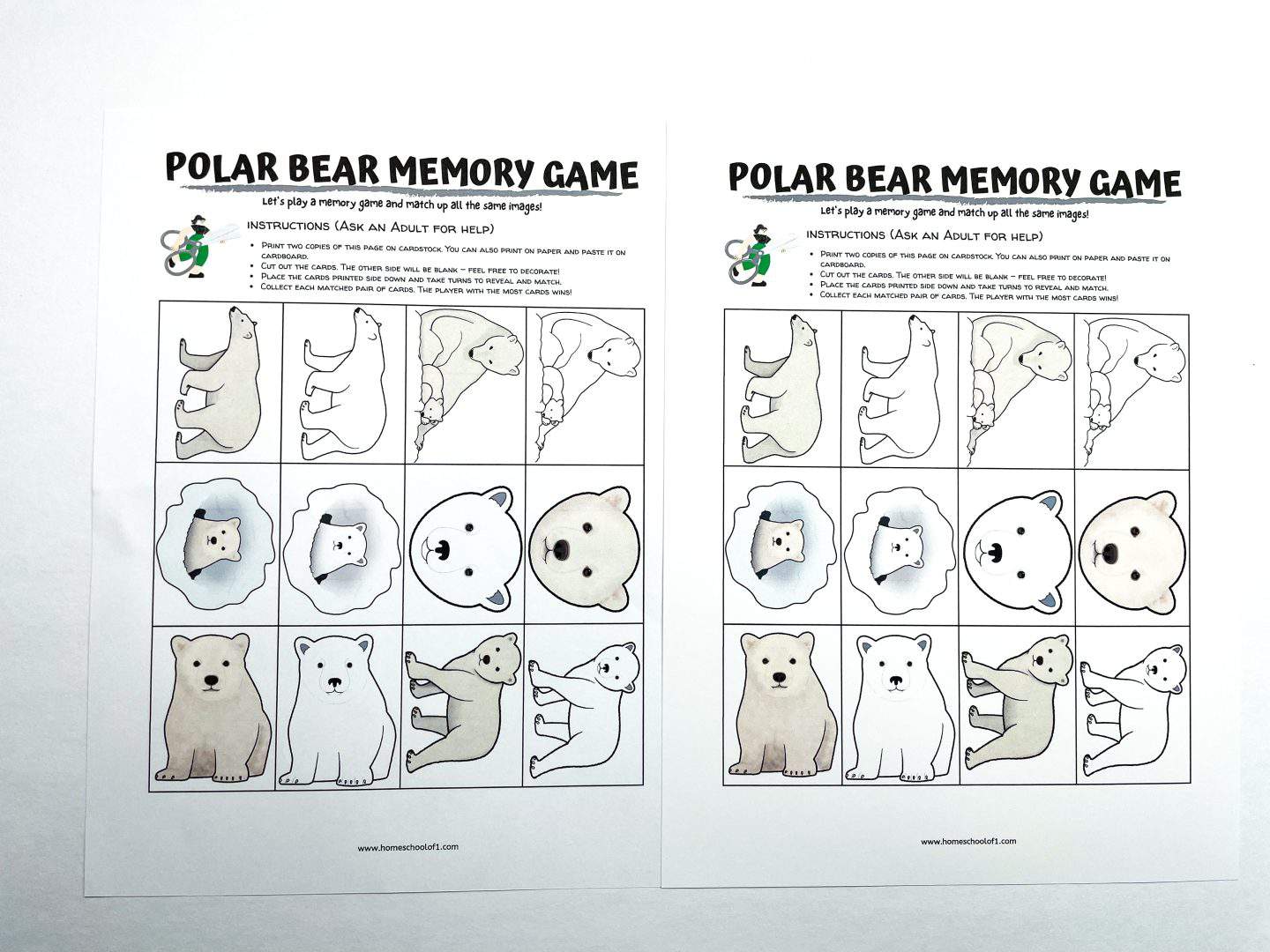 two printable pages for a "Polar Bear Memory Game." Each page contains a grid of polar bear images, which players can cut out and use for a memory matching game. The instructions for the game are at the top, guiding players to print the pages, cut out the cards, and then match pairs of identical images. The goal is to collect the most pairs of matching cards. The polar bear illustrations depict different stages of a polar bear's life.