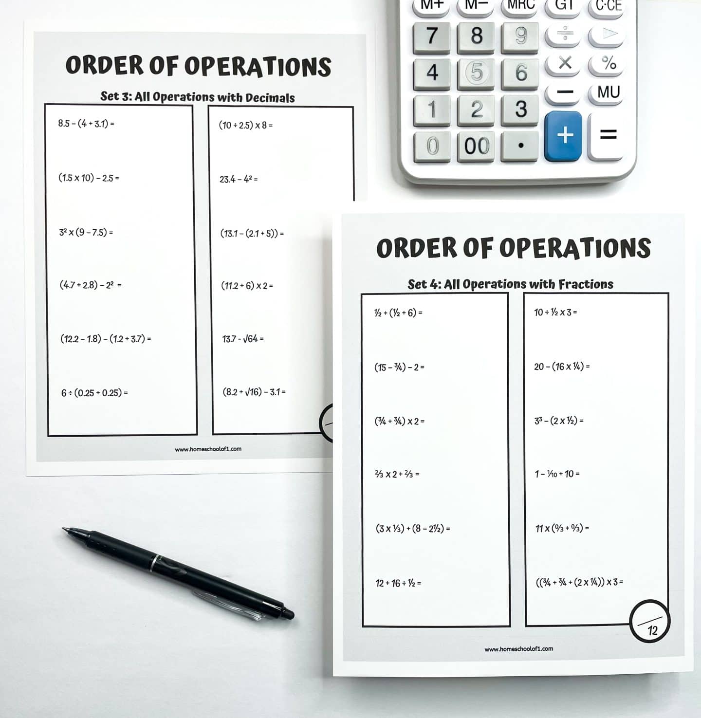 Two printable "Order of Operations" worksheets labeled Set 3: All Operations with Decimals and Set 4: All Operations with Fractions. Each worksheet features math problems incorporating parentheses, exponents, multiplication, division, addition, and subtraction using decimals or fractions. A black pen and a white calculator are placed nearby on a white background.