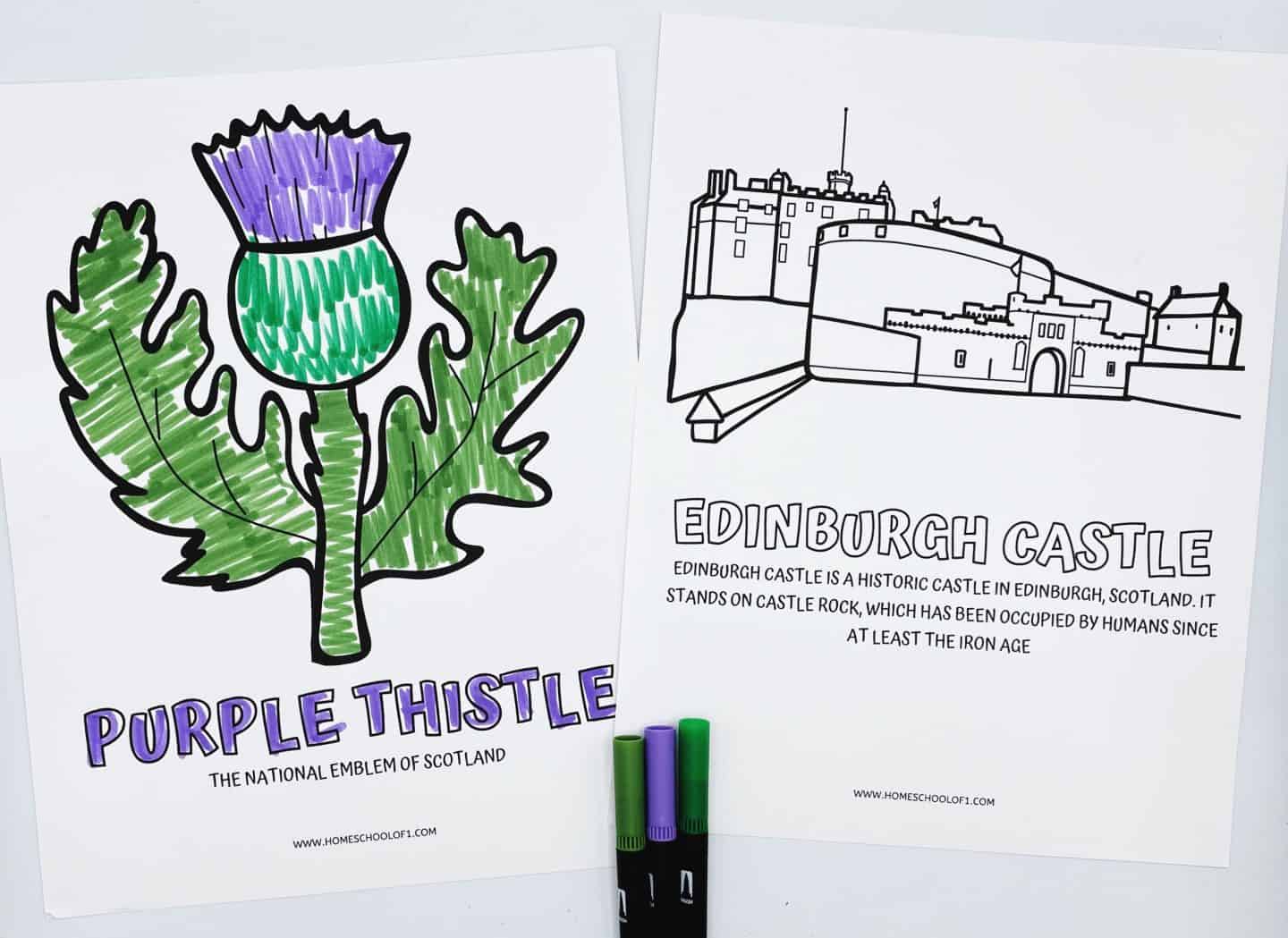 Two Scottish-themed coloring pages are displayed. One features a large, fully colored illustration of a purple thistle, labeled as the national emblem of Scotland. The other page shows an outline of Edinburgh Castle with a description noting it as a historic site on Castle Rock, inhabited since at least the Iron Age. Purple and green markers rest at the bottom of the pages, matching the thistle’s coloring.