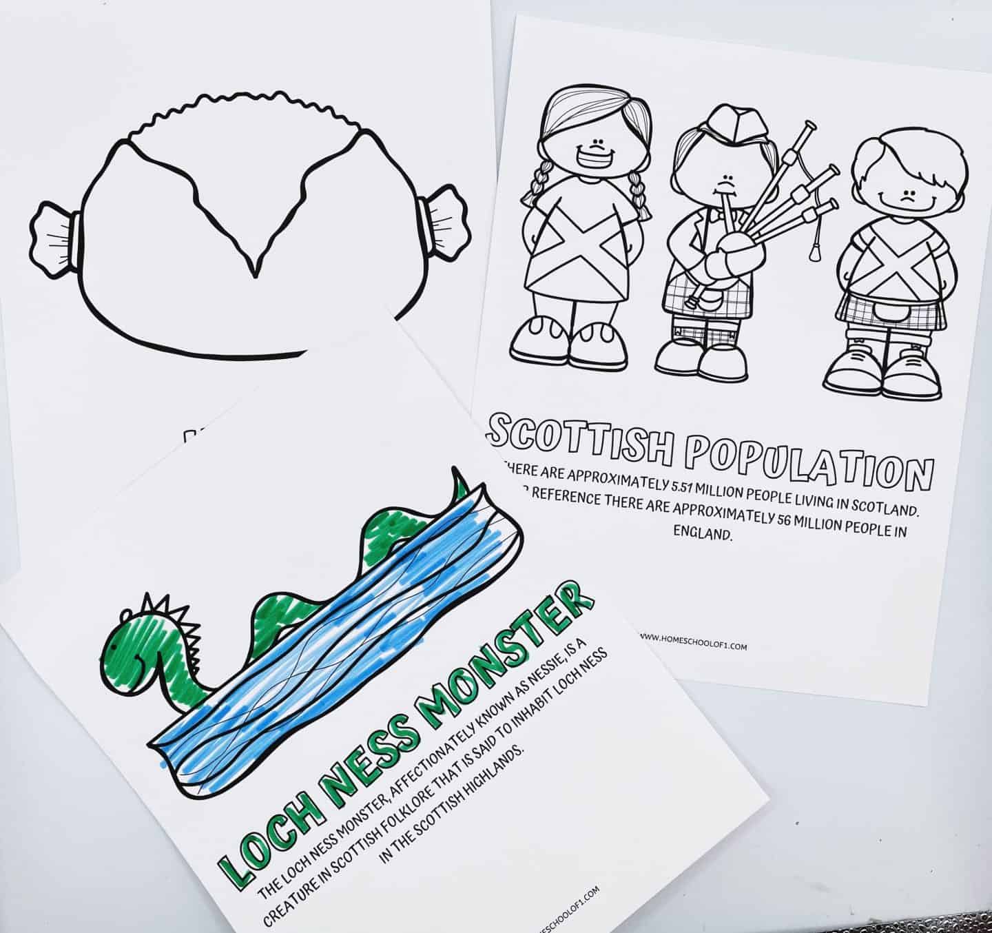 Three Scottish coloring pages are shown. One features a cartoon of haggis, Scotland’s national dish, uncolored. Another page shows three children in traditional Scottish dress representing the population, with a note that Scotland has approximately 5.5 million people. The third page, partially colored, shows the Loch Ness Monster—nicknamed Nessie—green with blue water, and includes a description of the creature from Scottish folklore