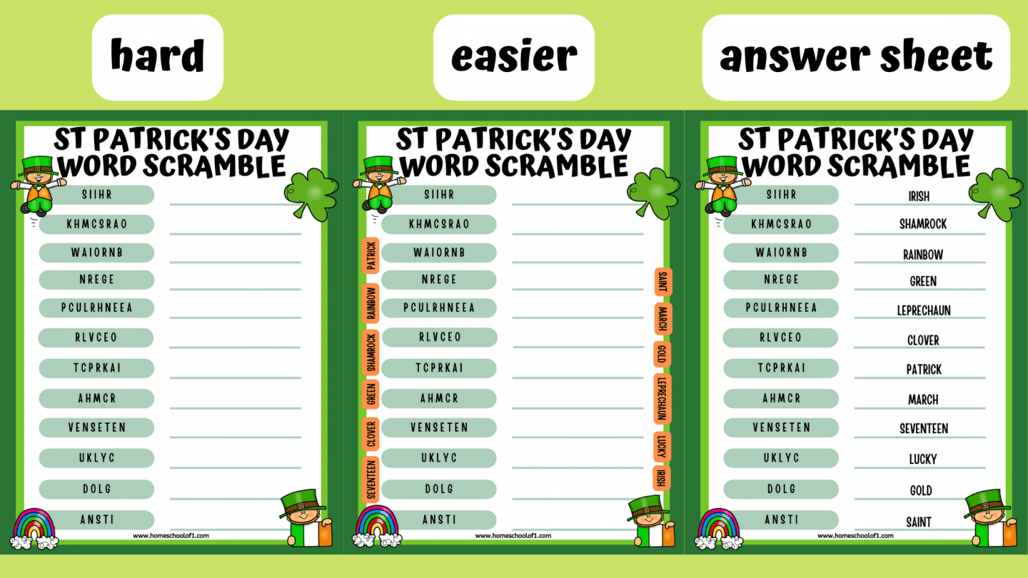 st patricks day word scramble with answers