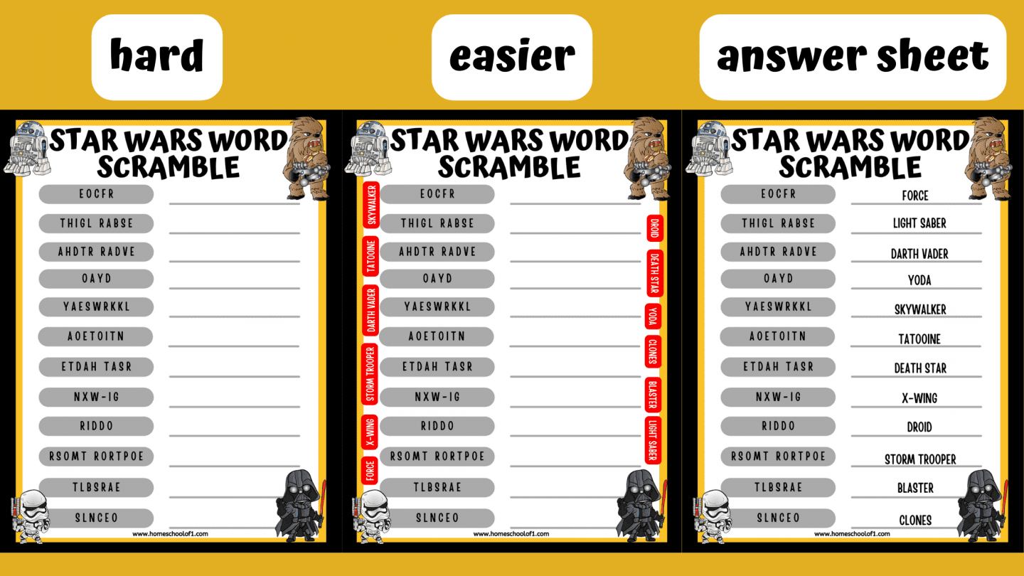 star wars word scramble answers