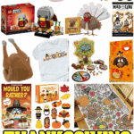 Collage of fun Thanksgiving gifts for kids including a plush turkey, pumpkin pop fidget, LEGO turkey set, books, crafts, and games.