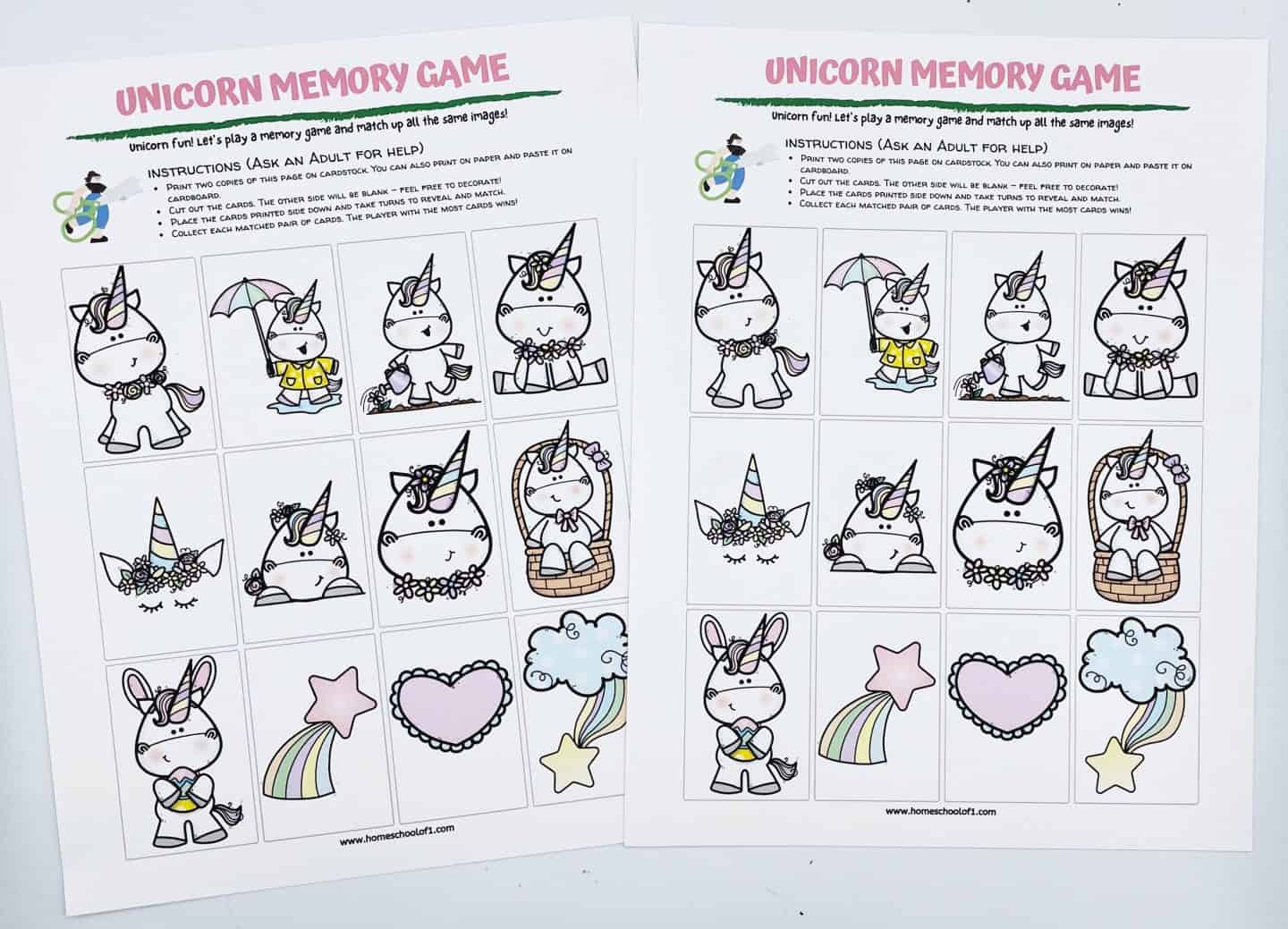 Two printable unicorn memory game sheets featuring adorable black-and-white unicorn illustrations with matching pairs. Each sheet includes cute unicorns in various poses—holding umbrellas, sitting in baskets, and surrounded by stars, hearts, rainbows, and clouds—with instructions at the top for how to play the game.