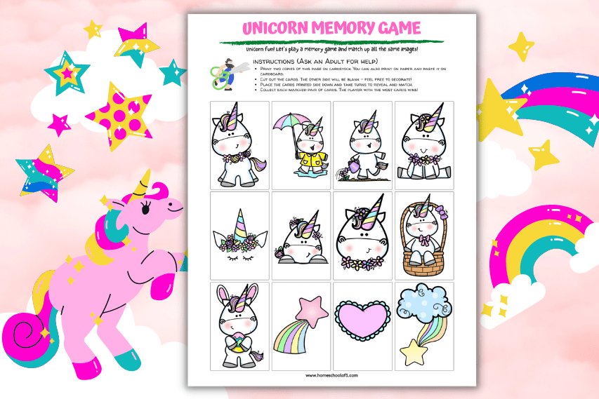 Printable unicorn memory game sheet featuring 12 colorful and whimsical unicorn-themed cards with matching pairs, including unicorns with flowers, rainbows, stars, and hearts. The background is pink with rainbows, stars, and a cheerful cartoon unicorn to the left.