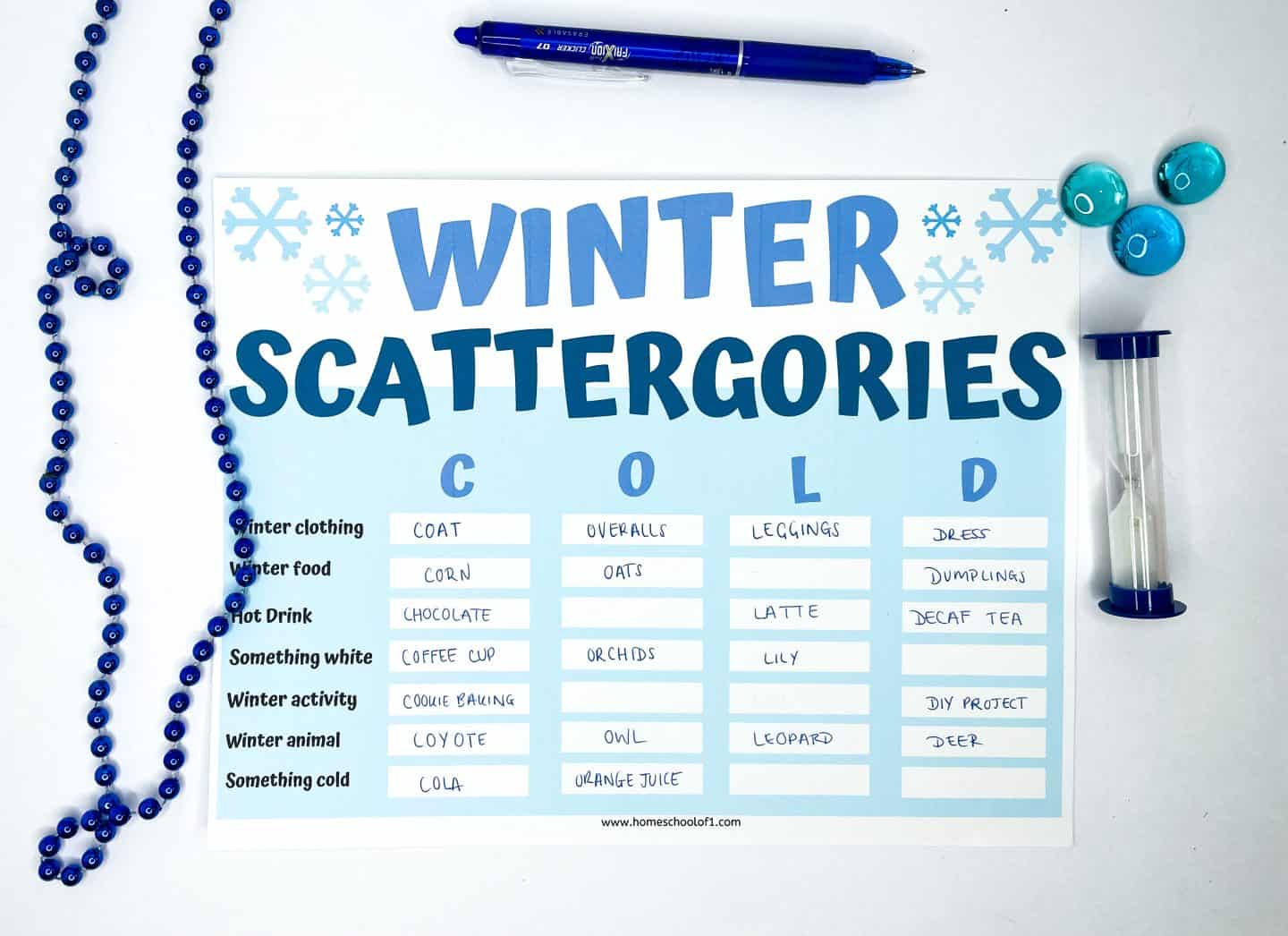 winter cold scattergories