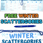 Free Winter Scattergories printables with six blue game sheets labeled SLED, SNOW, FIRE, COAT, COLD, and WIND, surrounded by blue beads and pens on a white background.
